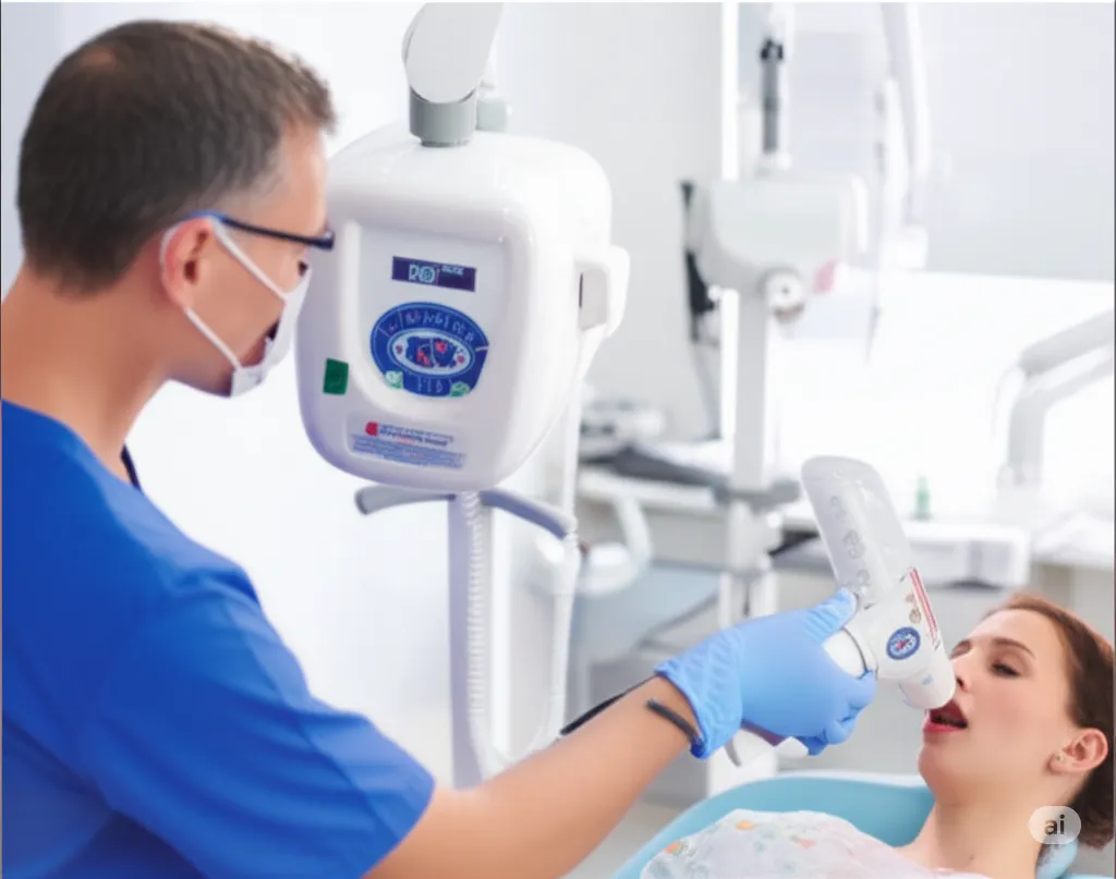 Procedimiento odontológico de radiografía periapical siguiendo normas de protección radiológica rayos X. Fotografía clínica de dentista aplicando radiografía periapical en paciente, asegurando protocolos y normas de protección radiológica rayos X.